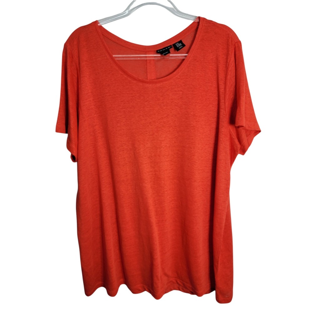 Tahari Women 2X Short Sleeve Top Orange 100% Linen Button Back Scoop Neck